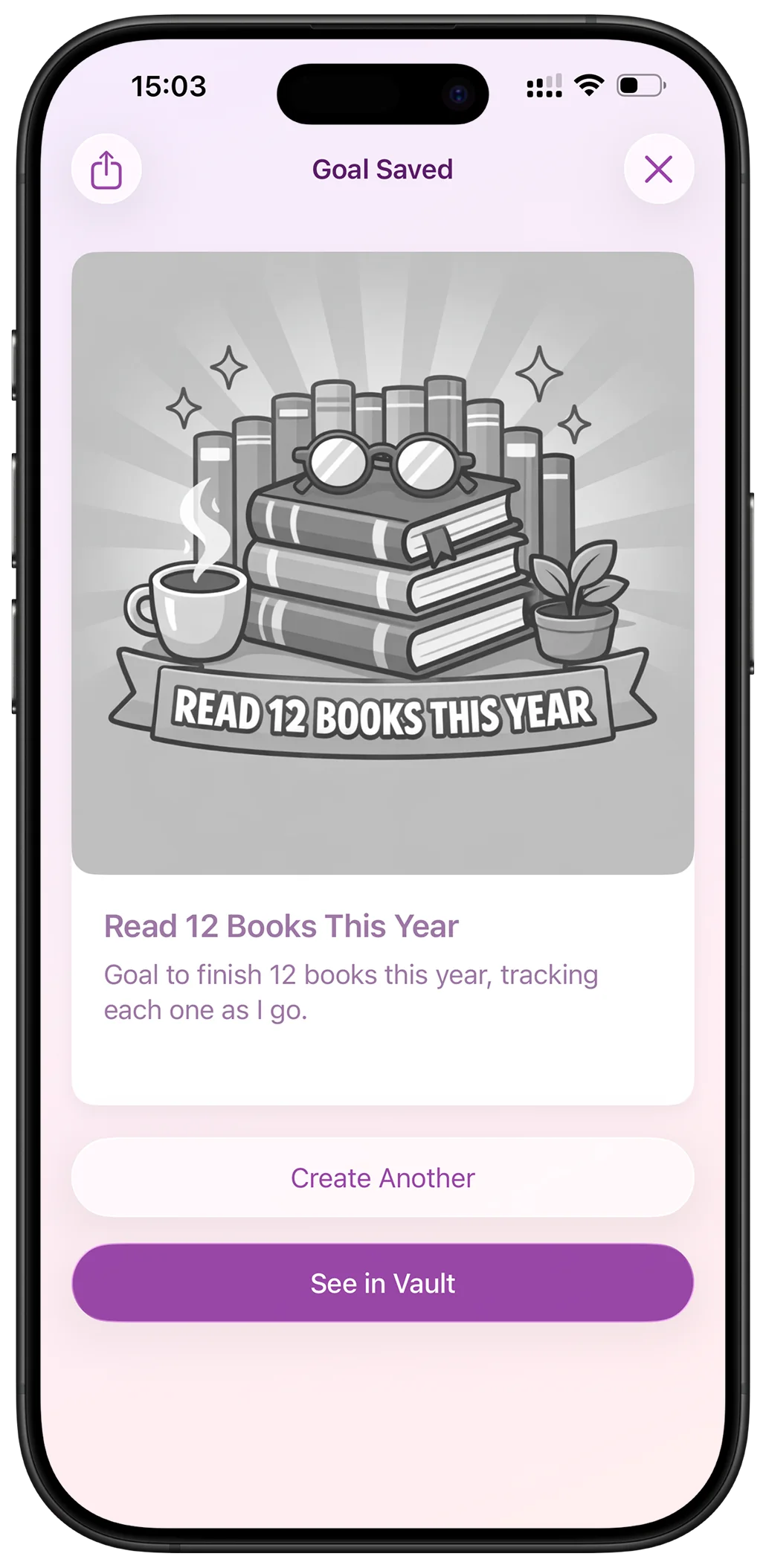 Achievault goal screen showing a saved reading goal in the personal Vault